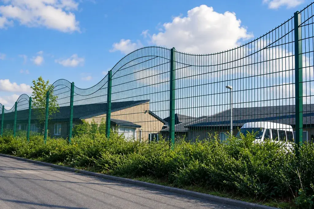 Green mesh perimeter fence beside school buildings