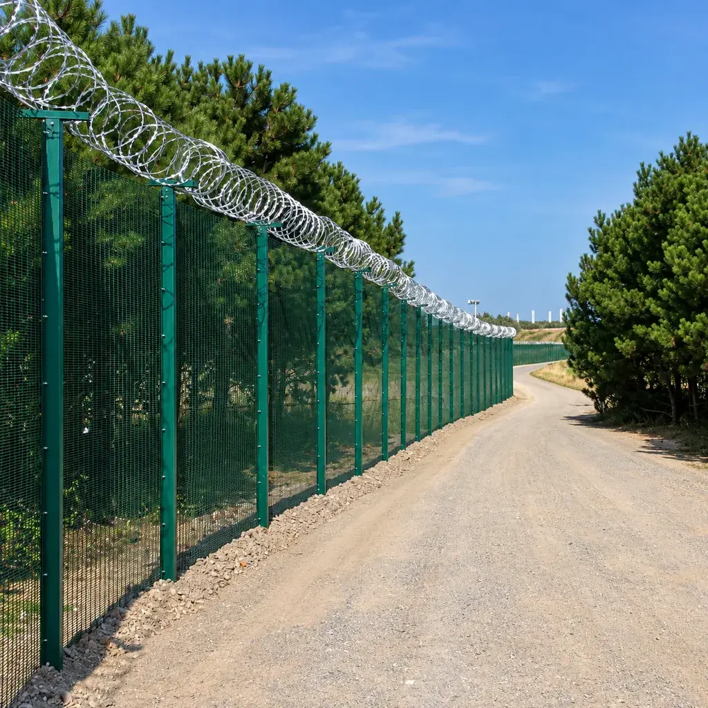 Green close-spaced mesh fence following a perimeter path