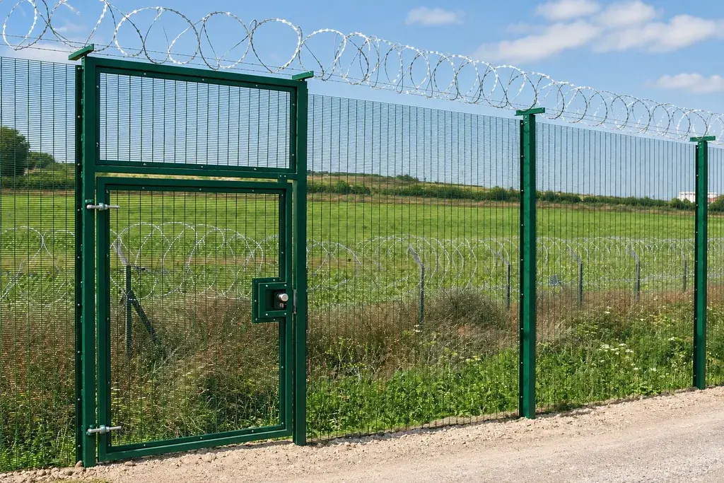 Green pedestrian mesh gate adjoining a close-mesh perimeter fence