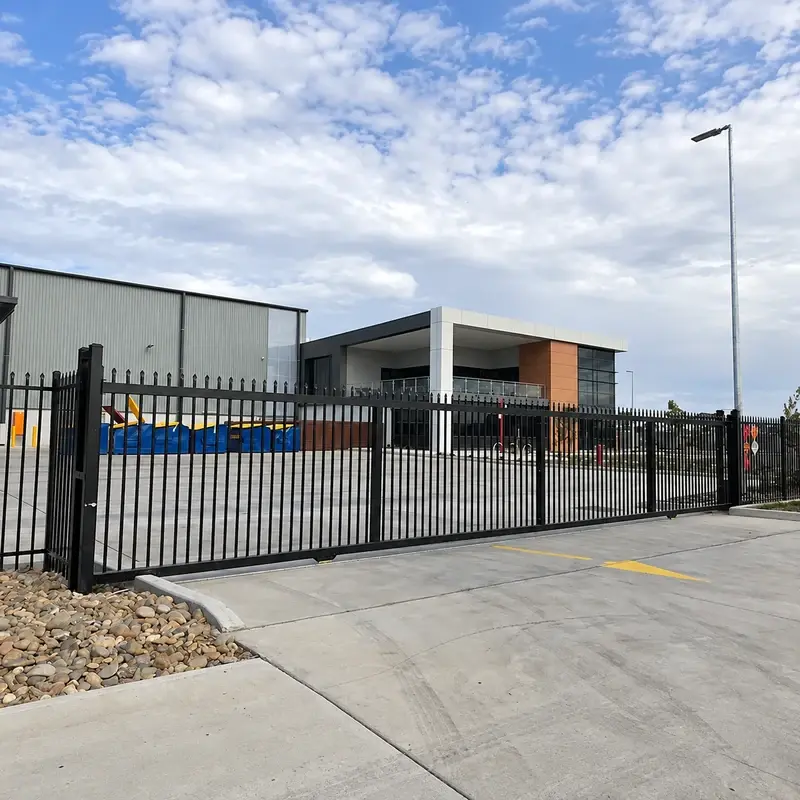 Black tracked sliding gate across a commercial entrance