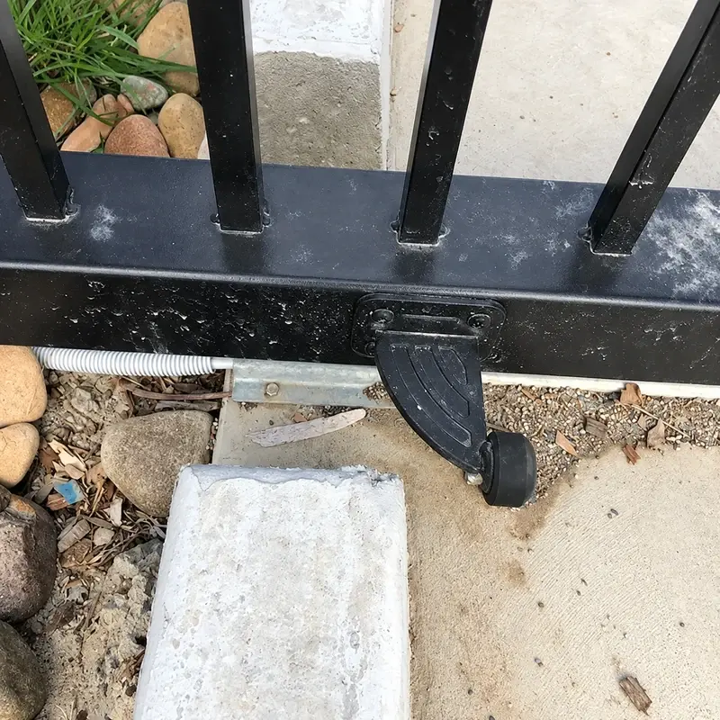 Metal ground stop beside the lower frame of a sliding gate