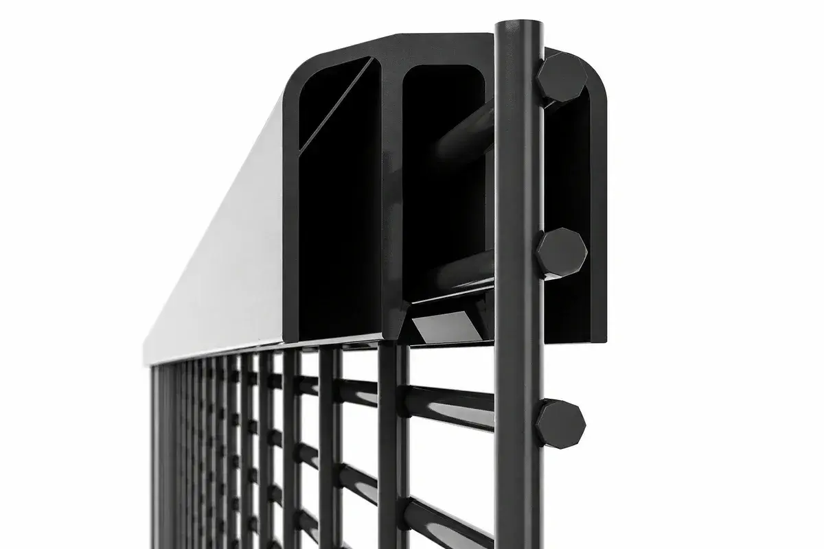 Black security gate frame and post connection detail