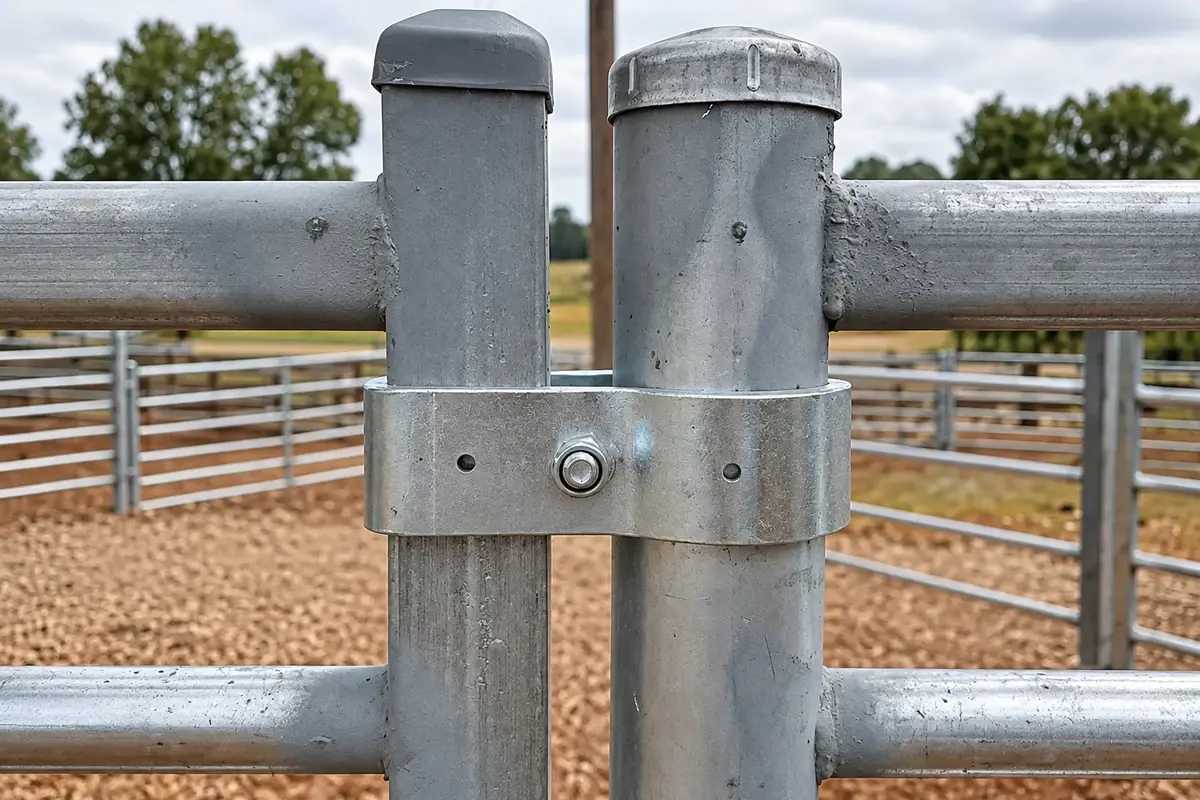 Metal clamp joining two steel posts in an installed fence