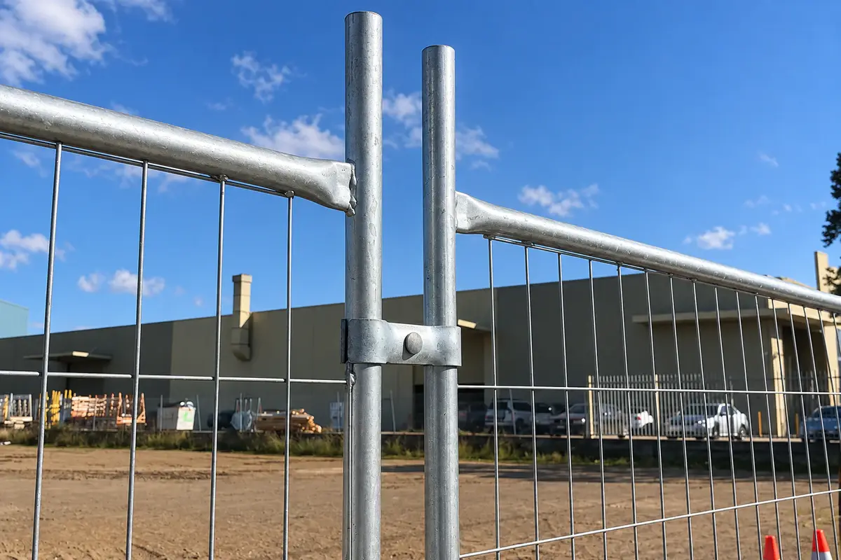 Clamp joining a temporary fence panel to a round post outdoors