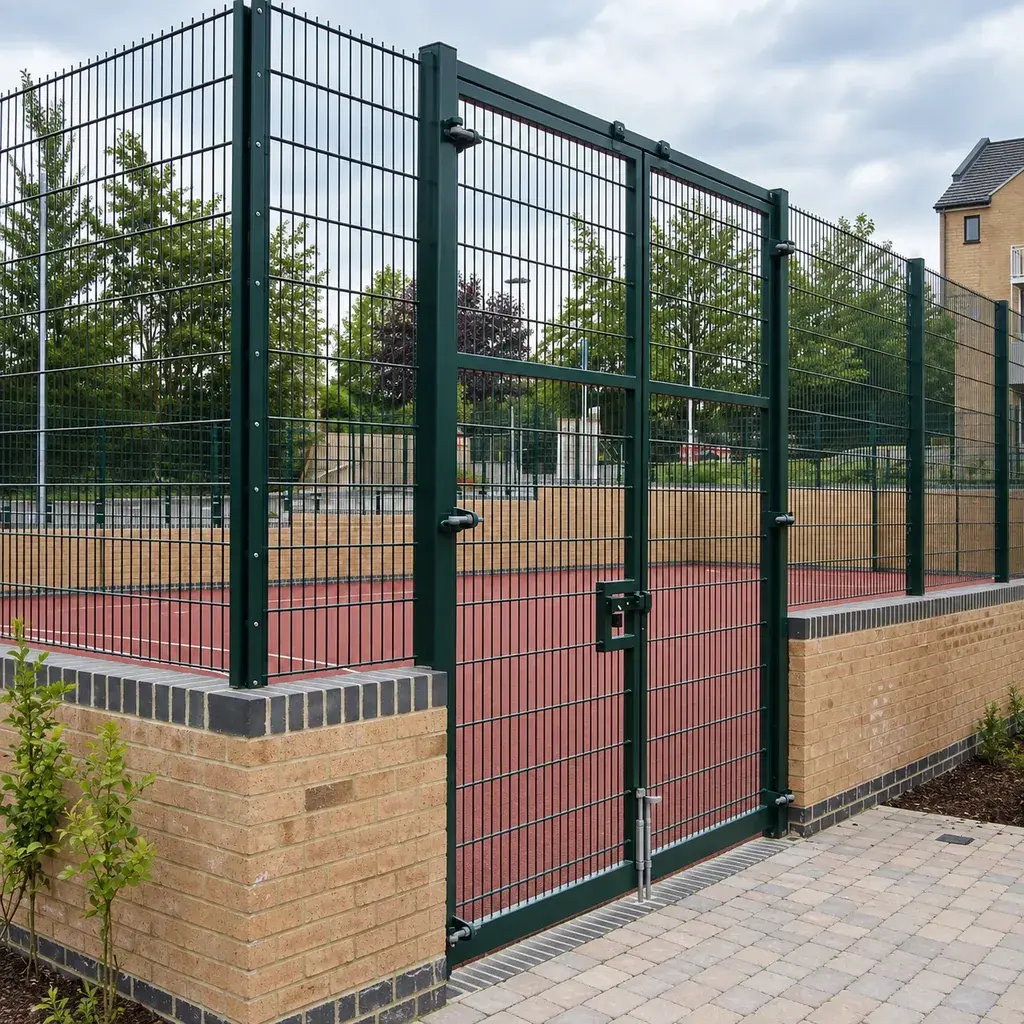 Double-wire mesh panels and matching gate around an outdoor sports court
