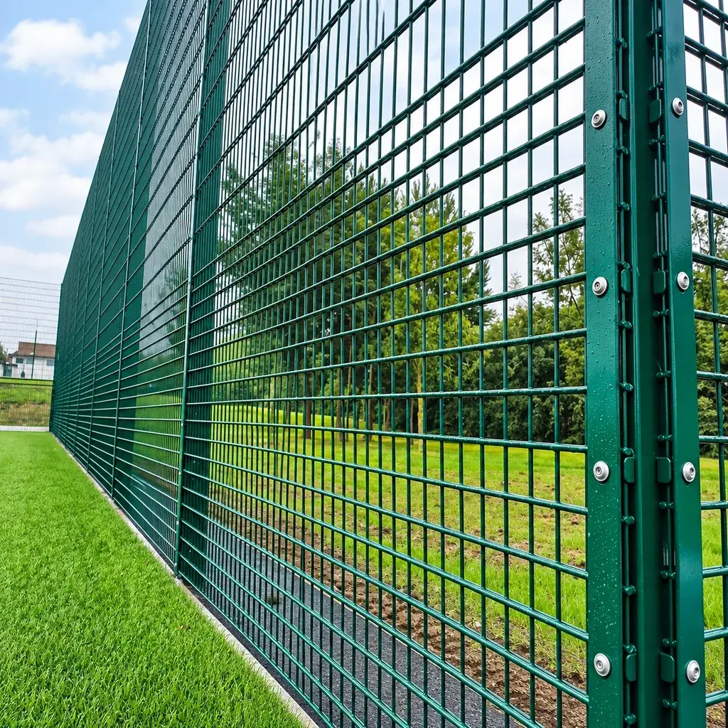 Green rebound sports fencing with close-spaced lower wires and bolted corner connections