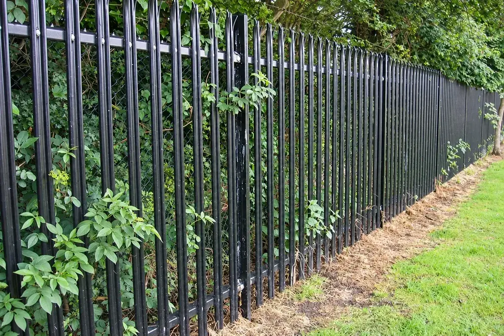 Dark steel palisade fencing beside a hedge and grass verge