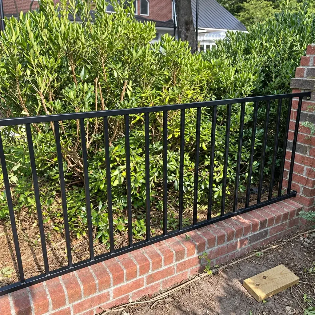 Black flat-top steel railing mounted above a low brick wall