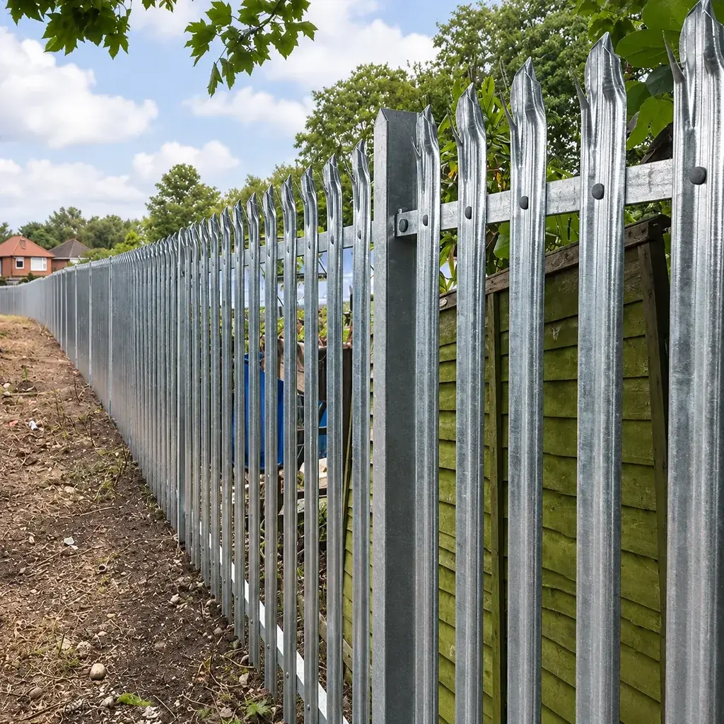 Galvanised steel palisade pales bolted to rails along a boundary