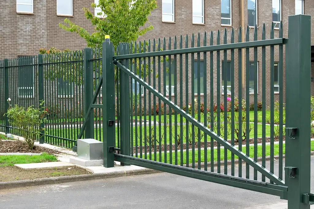 Green steel palisade gate with diagonal bracing beside matching fencing