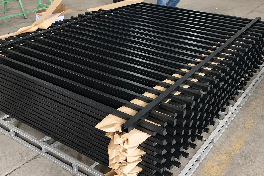 Black fence panels stacked with paper separators between coated surfaces