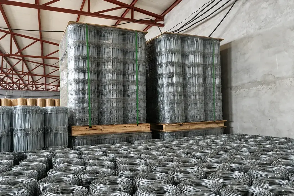 Rolls of metal wire mesh arranged in a warehouse