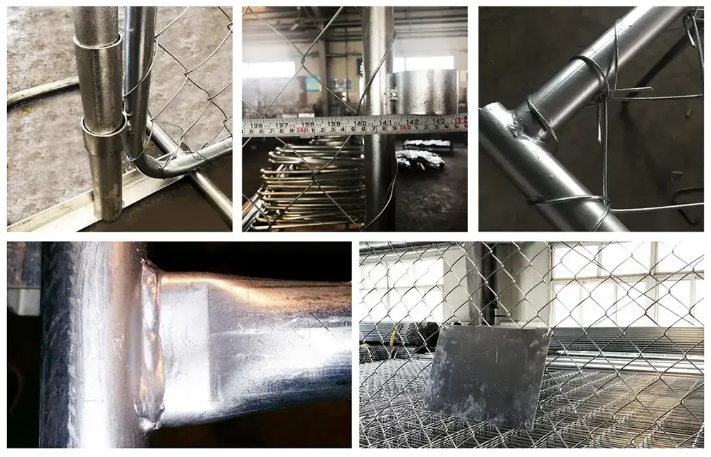 Details of chain link fabric fixed to a temporary panel frame