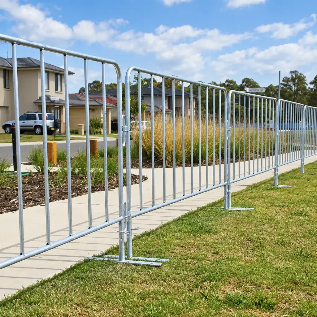 Linked galvanised crowd control barriers on flat feet beside a grass verge