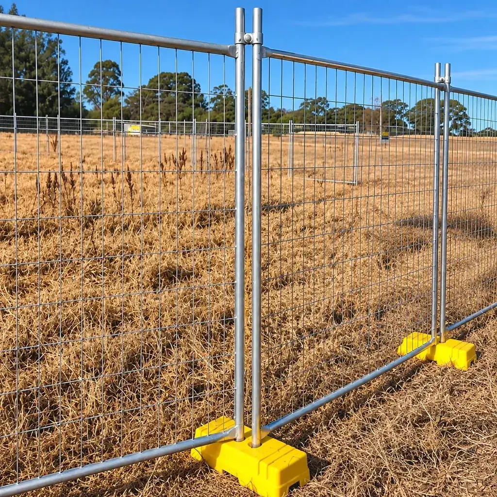 Reusable mesh panels joined with clamps and supported on yellow bases