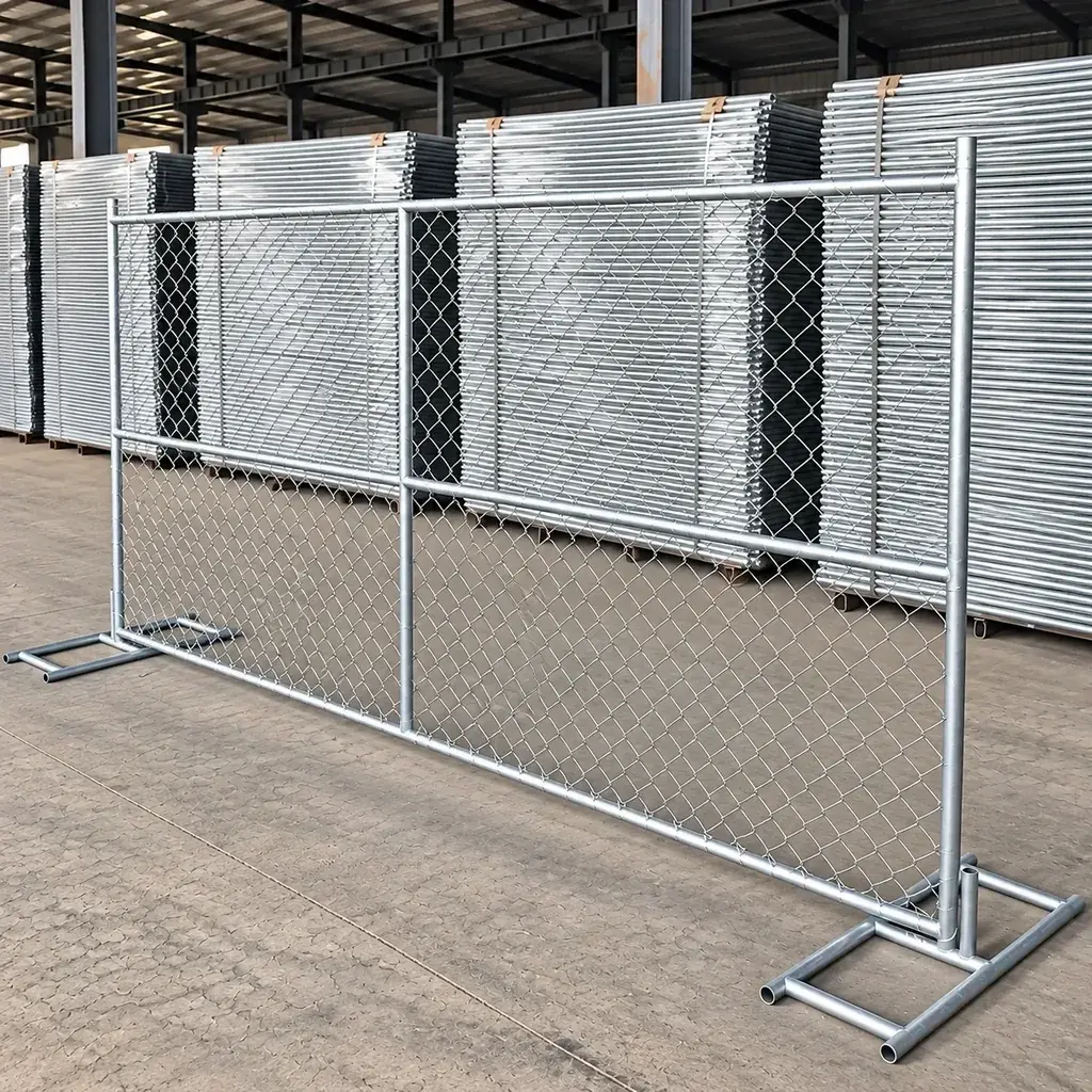 Freestanding chain link panel with rectangular steel feet in a warehouse