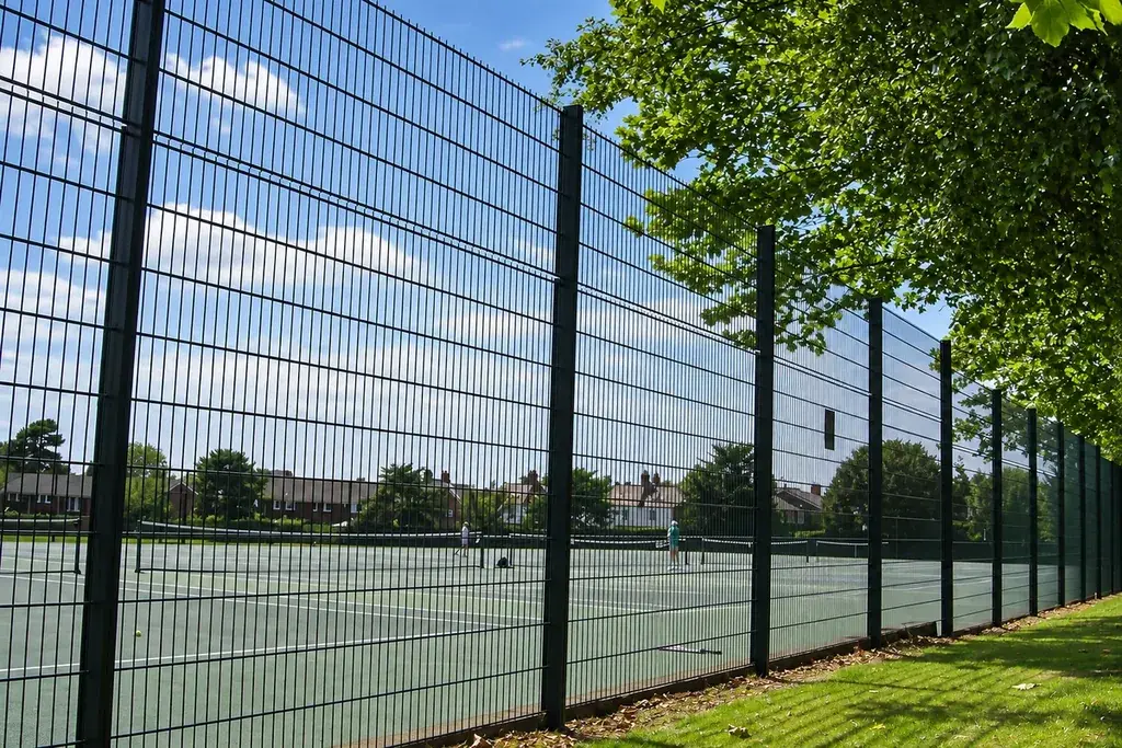 Tall dark mesh fencing around a tennis court.