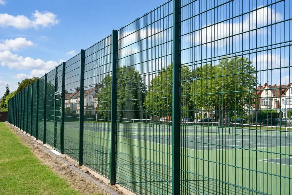 Dark welded mesh panels and posts alongside a tennis court.