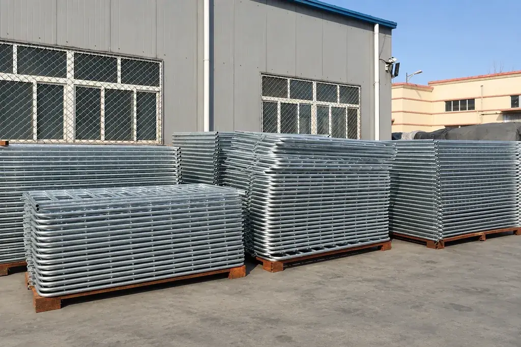 Stacks of galvanised tubular mesh gates on timber supports outside a workshop