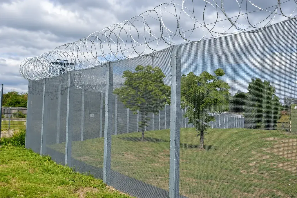 Silver mesh fence with wire topping beside a grassy utility site.