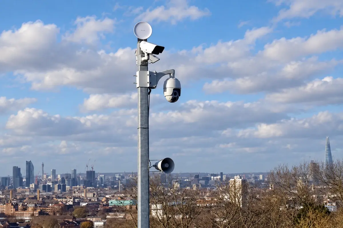 Tall CCTV column carrying cameras above an urban utility area.