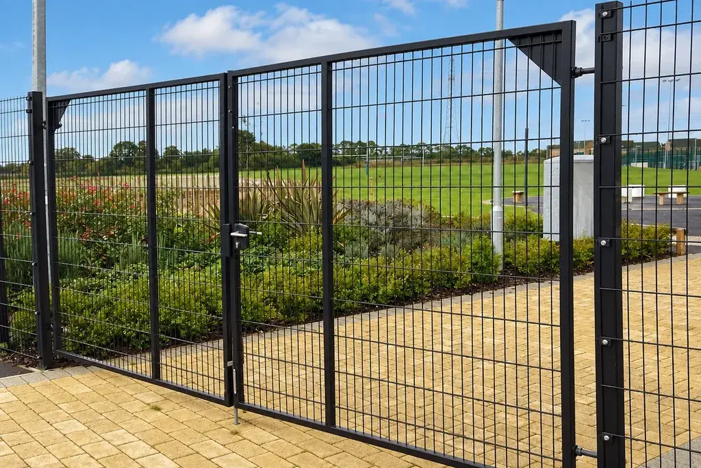 Wide black double-leaf mesh gate in an outdoor boundary.