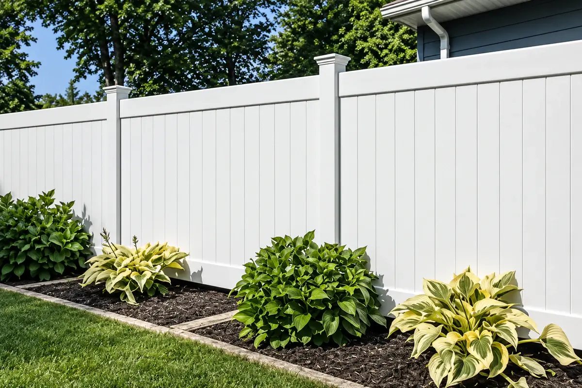 White PVC privacy fence installed along a landscaped boundary