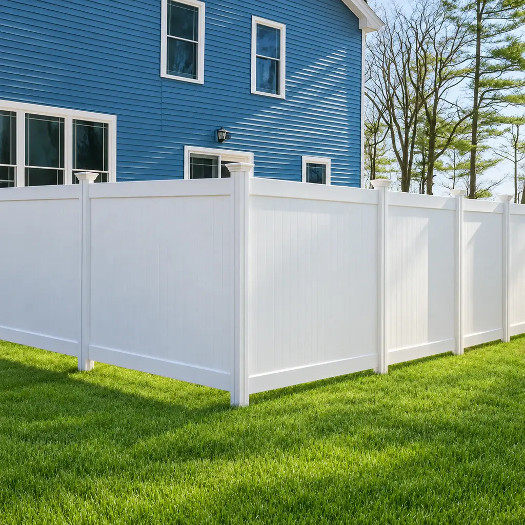 White vinyl privacy fence turning a corner beside a blue house