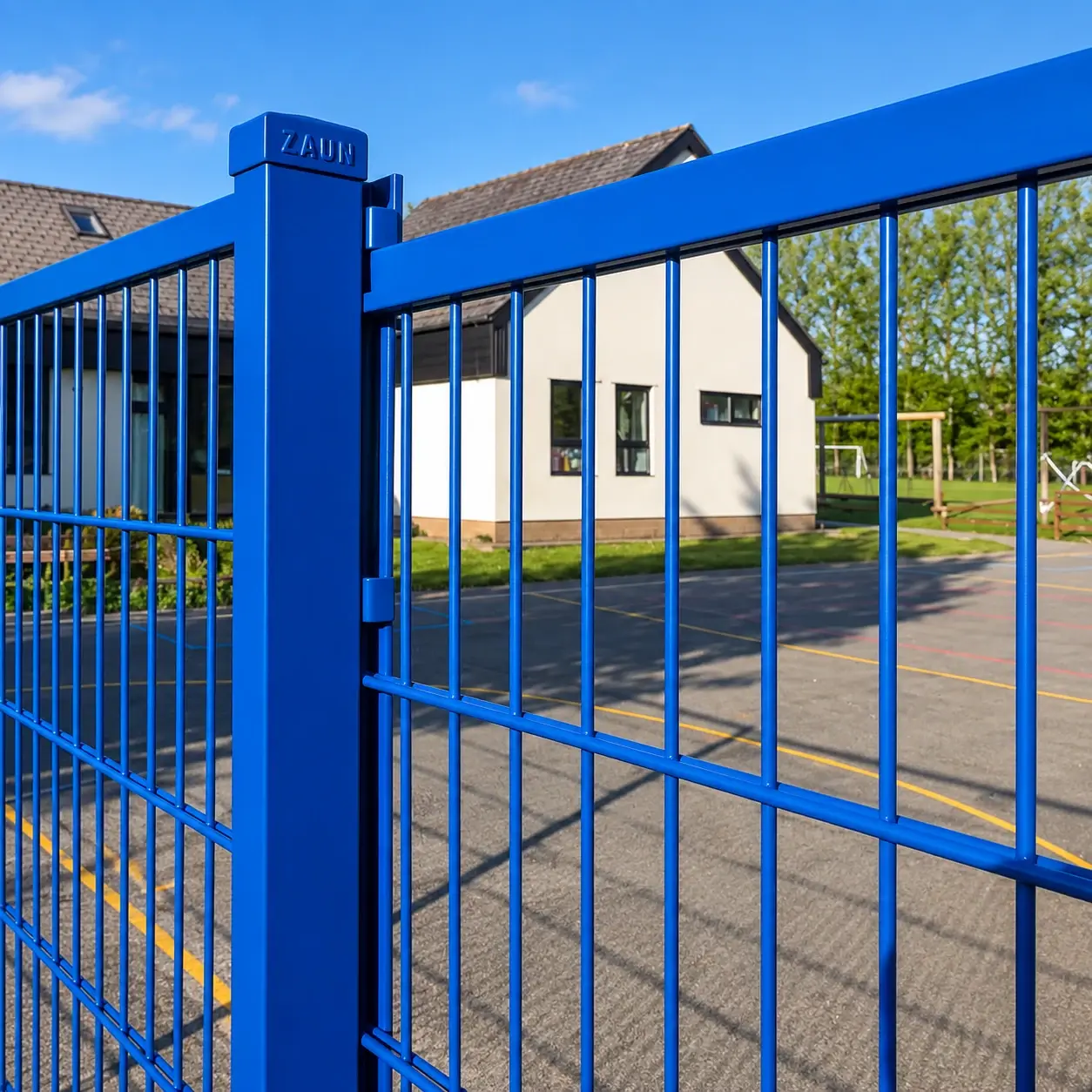 Blue double-wire mesh panel beside a school playground