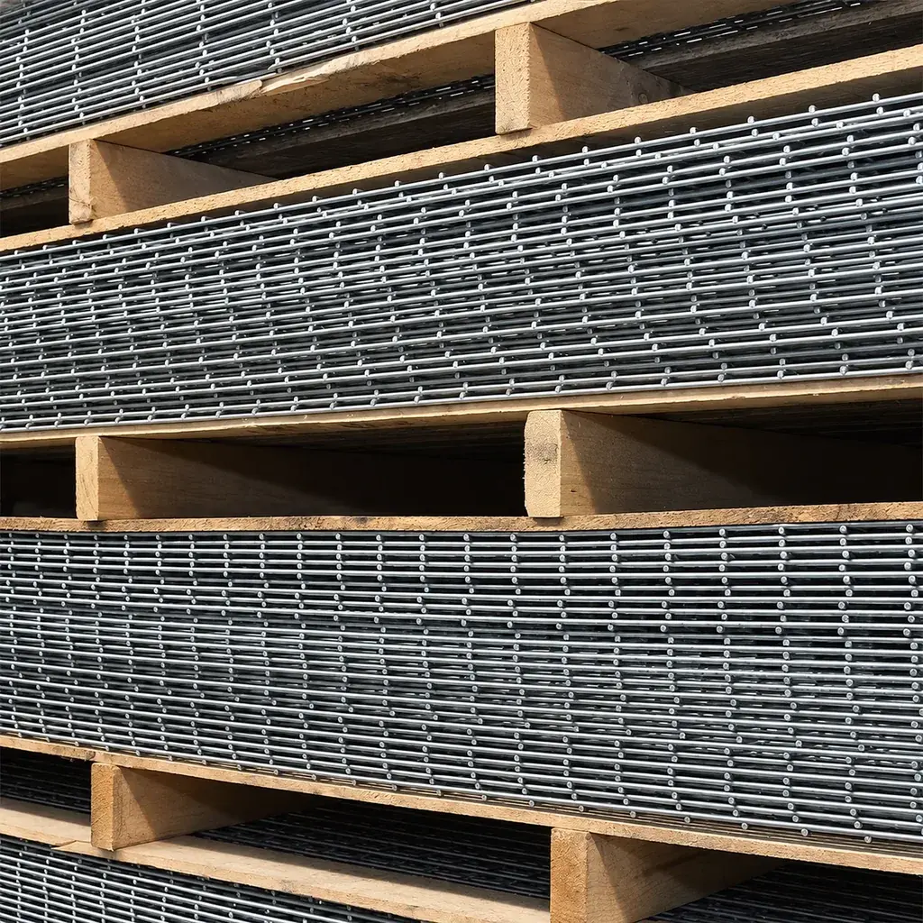 Flat welded wire mesh panels stacked on wooden pallets