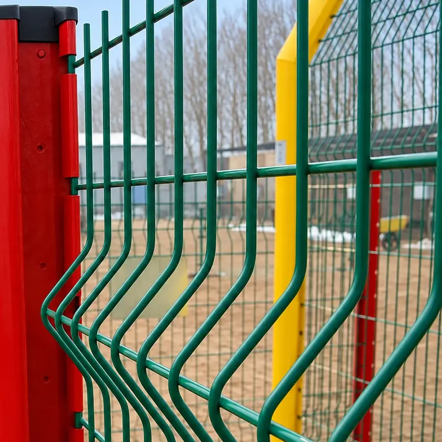 Green welded mesh panel with a horizontal V-shaped bend