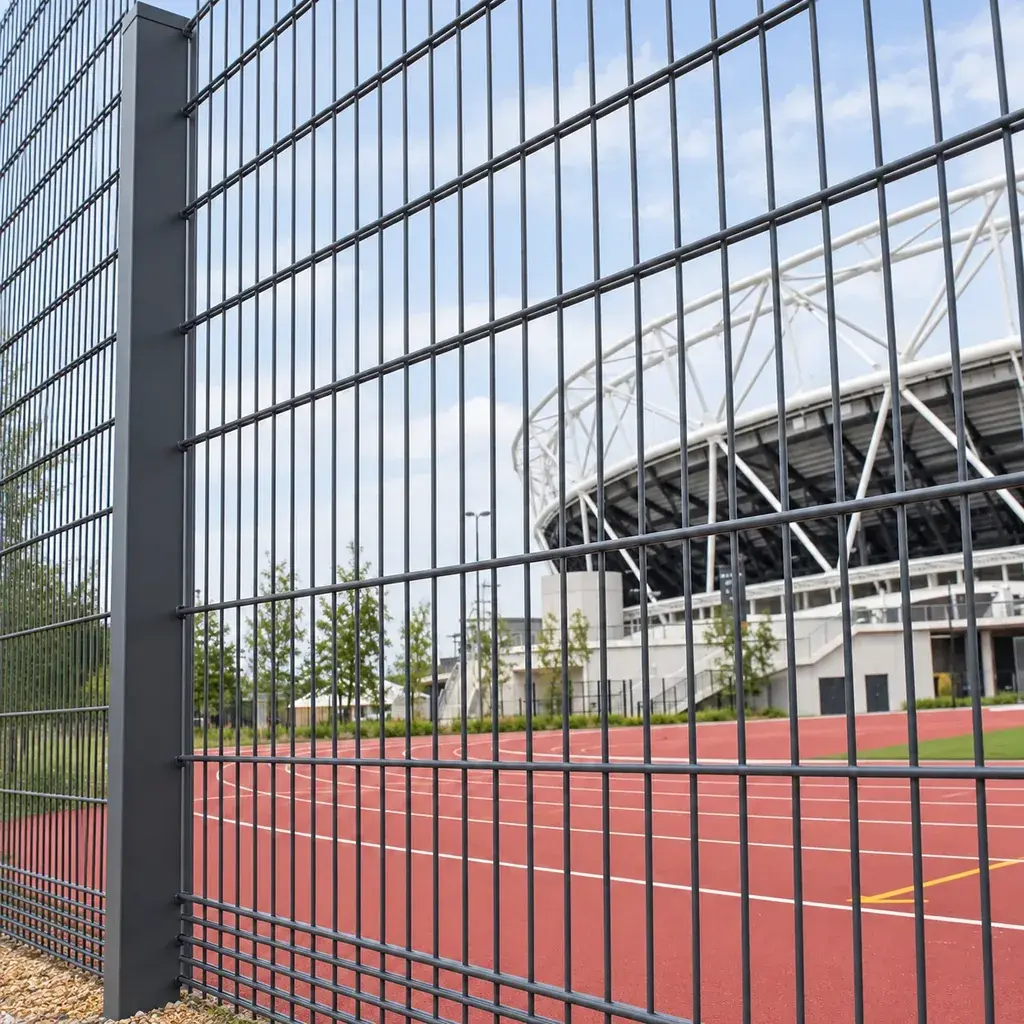 Grey double-wire fence panels beside a sports stadium