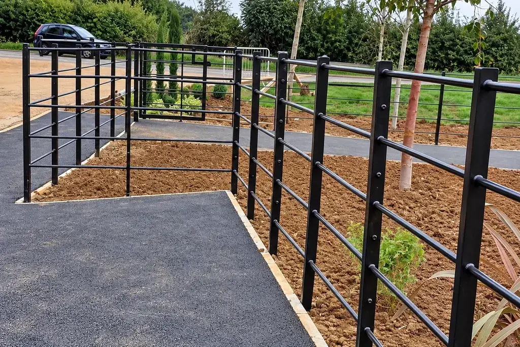 Low black steel railings separating a paved path from planted ground